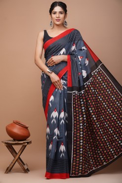  Nu_cotton Mulmul Grey Saree Fish Print Saree 