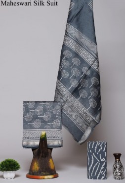  Maheshwari Silk Cotton Hand Block Greygold Tree Suit Fabric 