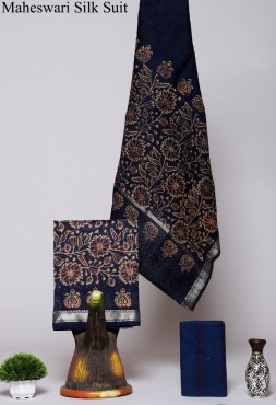  Maheshwari Silk Cotton Hand Block Blue Flower Creeper Suit Fabric 