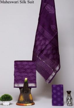  Maheshwari Silk Cotton Hand Block Purple Motifs Suit Fabric 