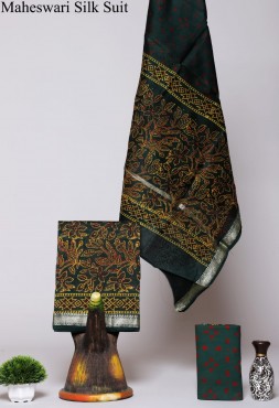  Maheshwari Silk Cotton Hand Block Black Green Flower Motif Suit Fabric 