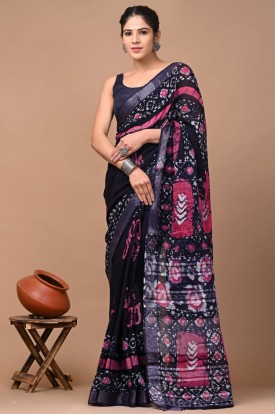  Nu_linen Batik Blue Pink Leaves Saree 
