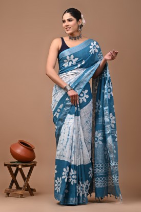  Nu_linen Batik Blue Border Saree 