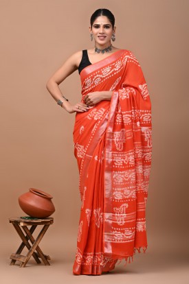  Nu_linen Batik Orange Saree 