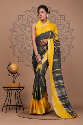  Nu_linen Shibori Yellow Black Saree 