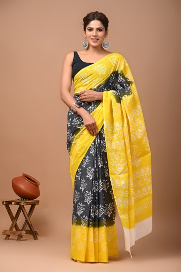  Nu_cotton Mulmul Yellow Border Black Saree 