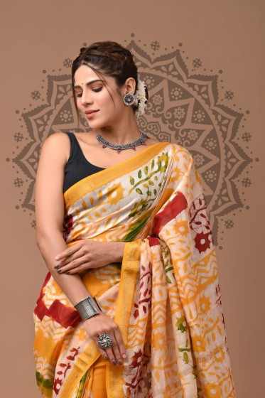  Maheshwari Sarees With  - Batik Printed Yellow 