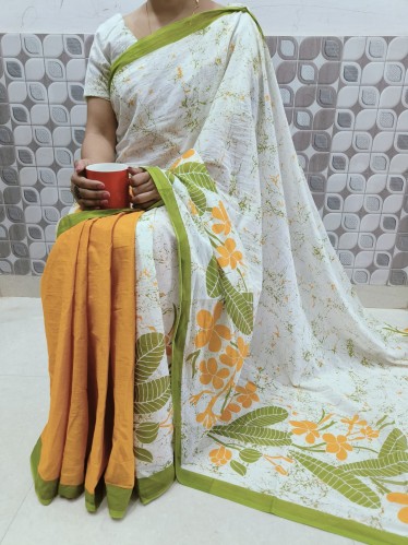  Nu_cotton Mulmul White Yellow Saree 