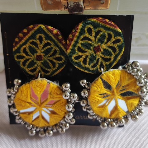 Handcrafted Round Mirror Erring Yellow Ajrakh