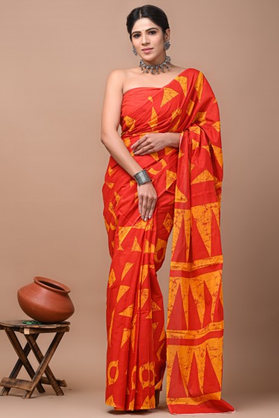 NU_Cotton Mulmul Orange Triangles Saree