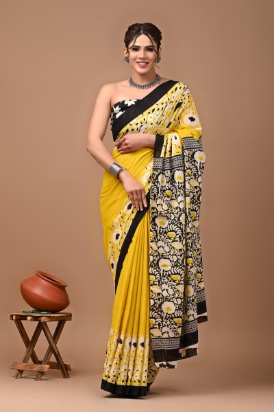 NU_Cotton Mulmul Black Border Yellow Saree