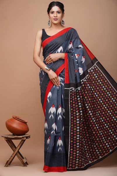 NU_Cotton Mulmul Grey Saree Fish Print Saree