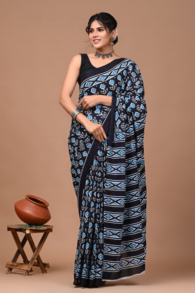Cotton Mulmul Hand Block Blue Black Flower Saree