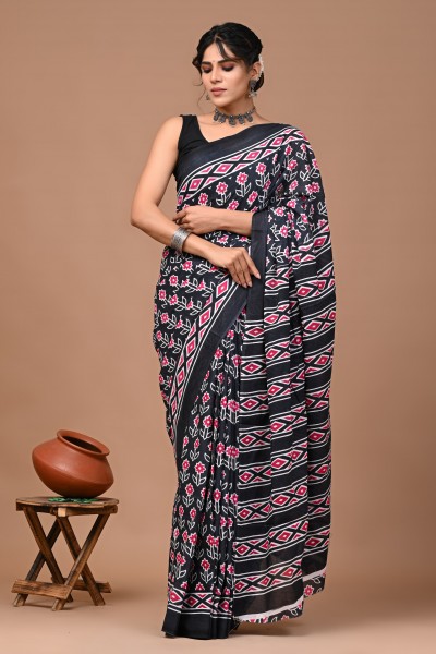 Cotton Mulmul Hand Block Red Black Flower Saree