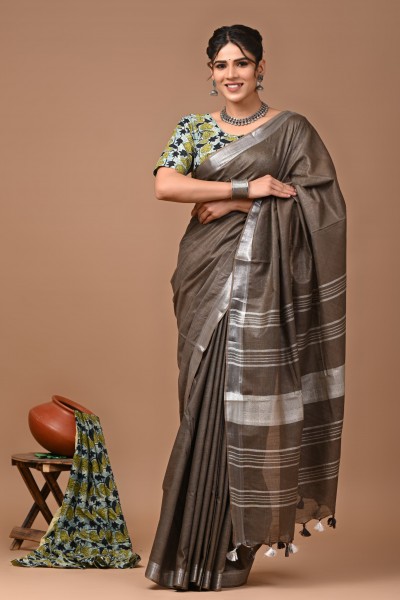 NU_Linen Brown Saree 