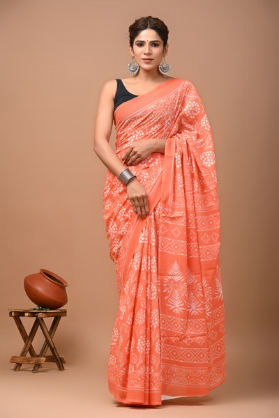 Cotton Mulmul Orange Bubbles Saree