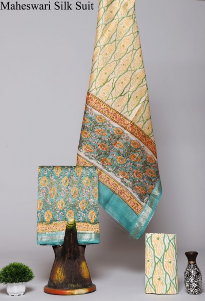 Maheshwari Silk Cotton Block Rich Sky Jaal Suit SFabric