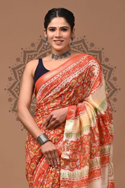 Maheshwari Sarees With  - Screen Printed Orange Jaal
