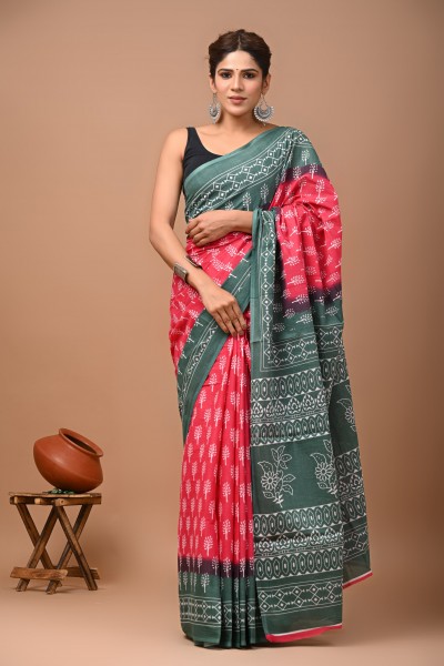 Cotton Mulmul Red Green Border Hand Block Saree