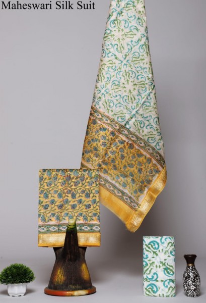 Maheshwari Silk Cotton Block Yellow Jaal Suit Fabric