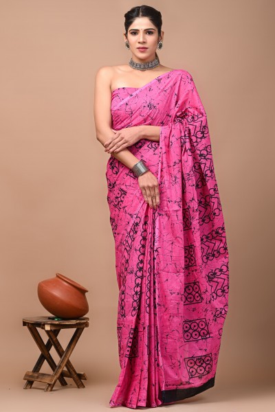 Cotton Mulmul Hand Block Black on Pink Saree