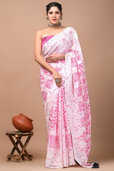 NU_Cotton Mulmul White Pink Saree