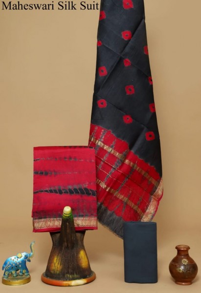 Printed Maheshwari Silk Cotton T&D Red Black Reverse Suit SFianprc