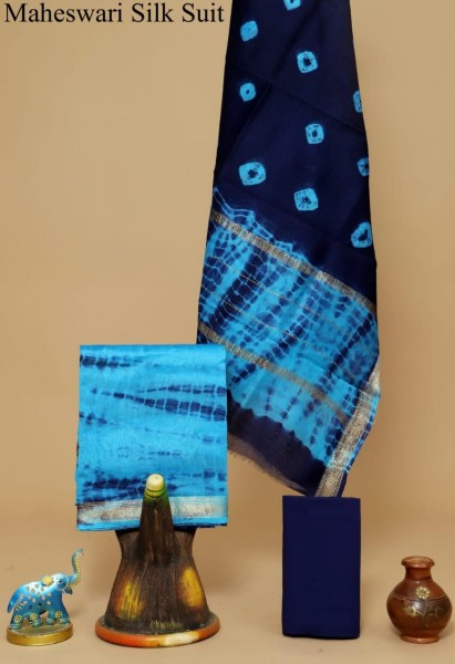 Printed Maheshwari Silk Cotton T&D Sky Black Suit Fabric