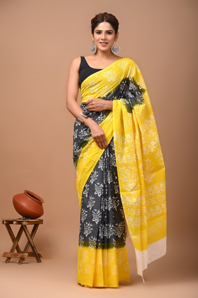 NU_Cotton Mulmul Yellow Border Black Saree