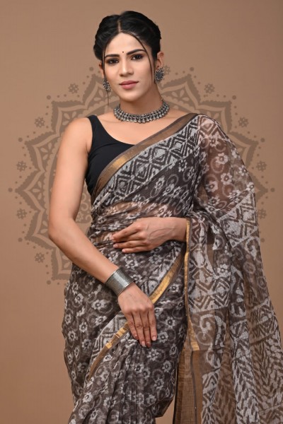 Kota Doriya Dabu Print Saree, BrownGrey, Cotton Saree