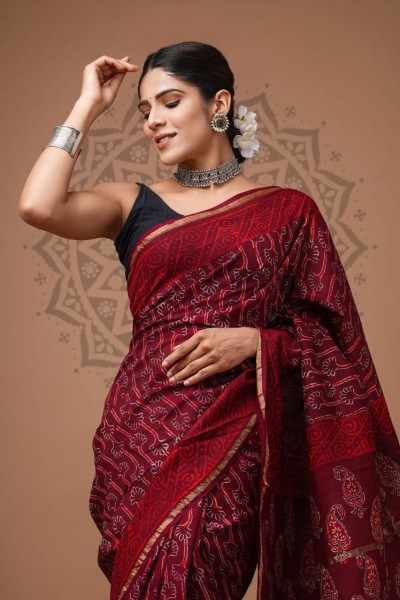 Chanderi Silk Saree - Hand Block Bel
