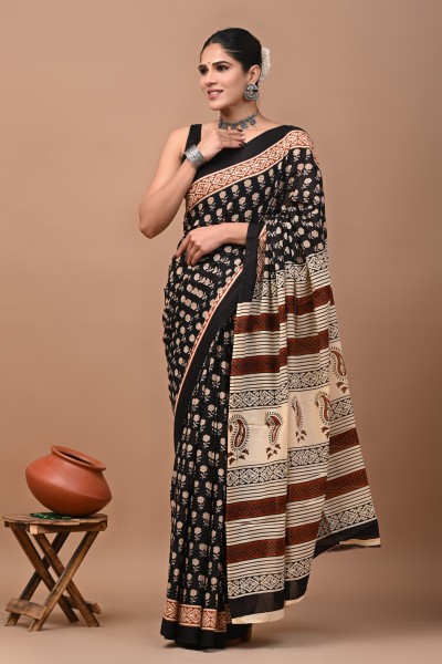 NU_Cotton Mulmul Black Amby Design Saree