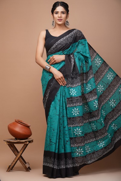 Cotton Mulmul Batik Black Green Saree