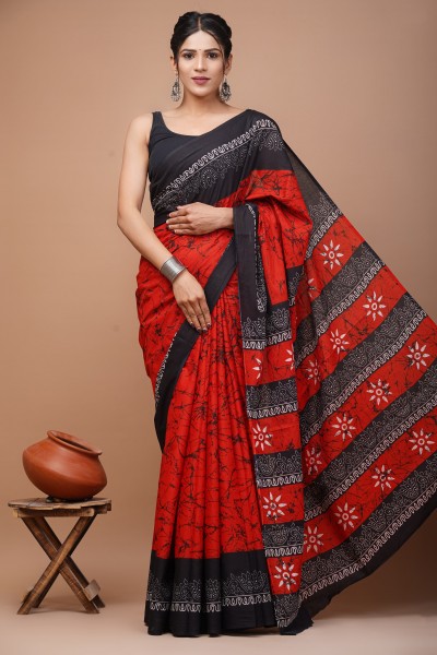 Cotton Mulmul Batik Black Red Saree