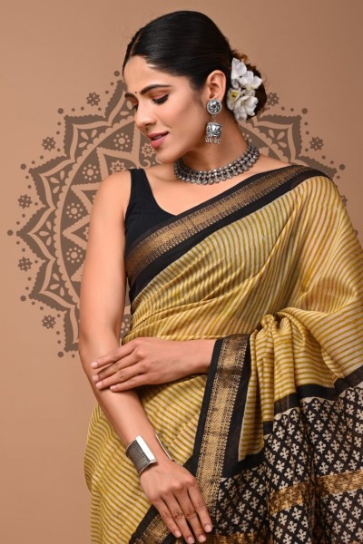 Maheshwari Silk Saree - Hand Block Biscuit Black
