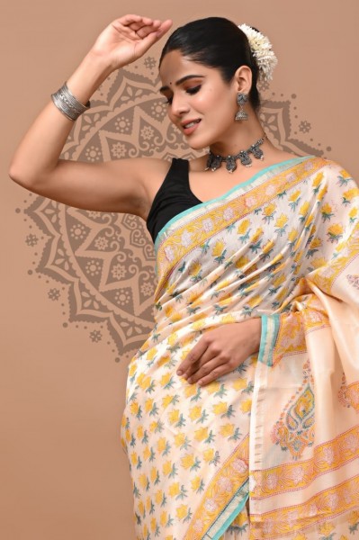 Sanganeri Chanderi Silk Saree - White Yellow