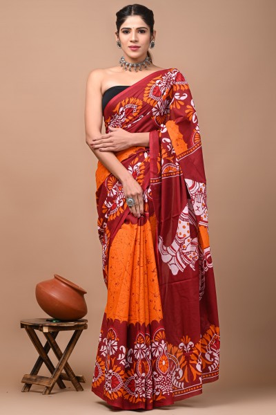 Cotton Mulmul Hand Block Dance Orange Saree