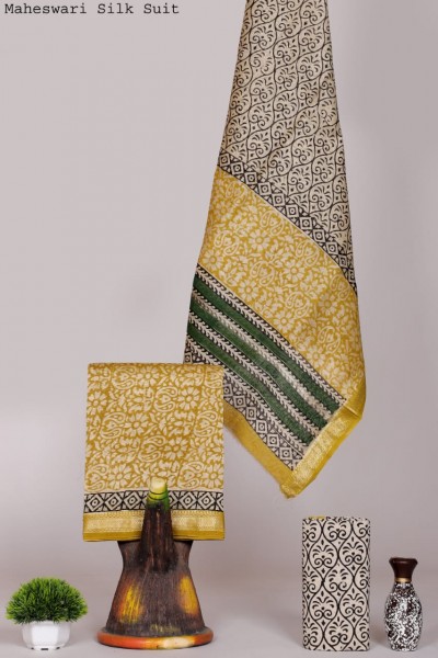 Maheshwari Silk Cotton Yellow Green Black Print Suit Fabric