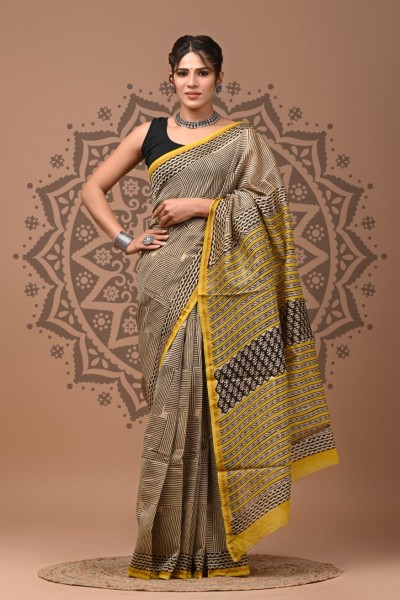 Chanderi Silk Saree - Hand Block Checkmate