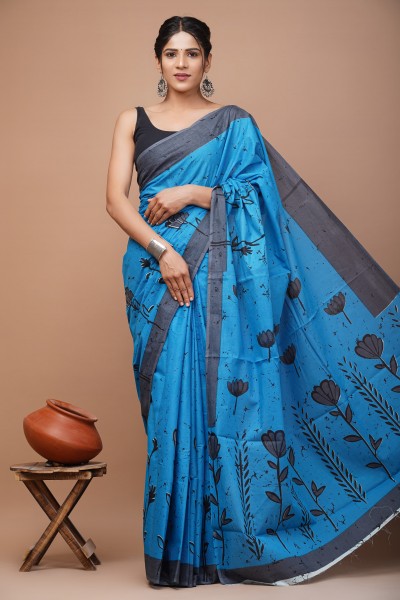Cotton Mulmul Hand Block Flower Blue Saree