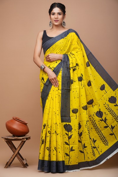 Cotton Mulmul Hand Block Flower Yellow Saree