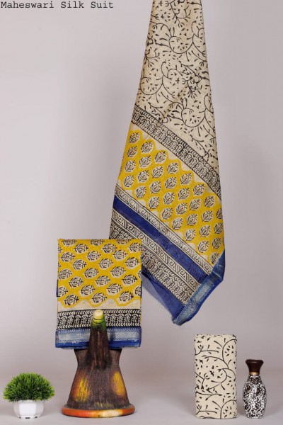 Maheshwari Silk Cotton Hand Block Yellow Blue Black Print Suit Fabric