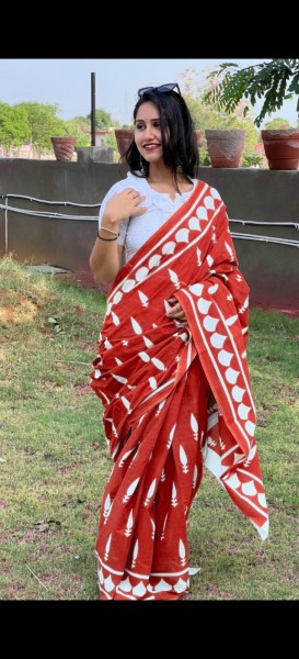 Cotton Mulmul Hand Block Red White Votive Saree