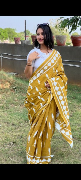 Cotton Mulmul Hand Block  Yellow Votive Saree