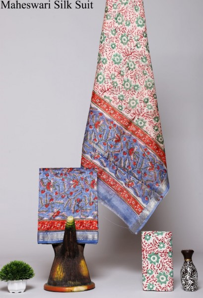 Maheshwari Silk Cotton Screen Print Red White Suit Fabric