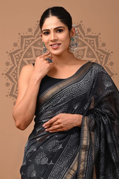 Maheshwari Silk Saree - Hand Block Black Kapas
