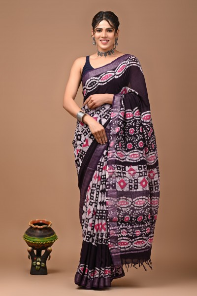 NU_Linen Batik Wine Pink Saree