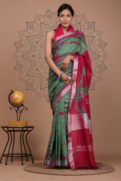 NU_Linen Shibori Red Green Saree