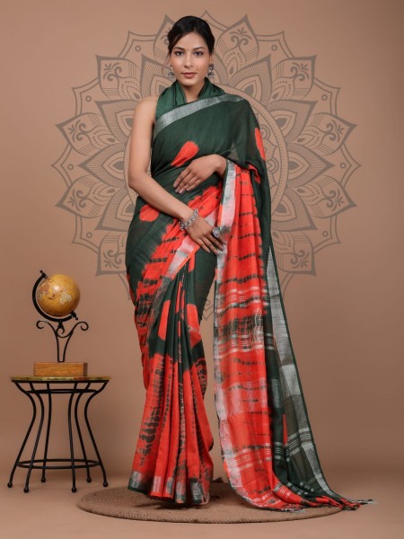 NU_Linen Shibori Red Green Half Saree