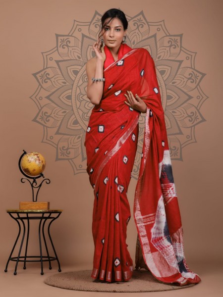 NU_Linen Shibori Red Grey Saree